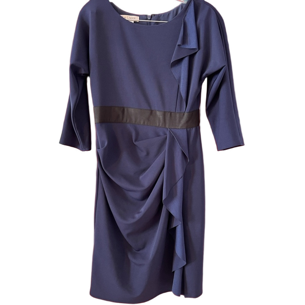 Kay Unger Dress Womens Size 2 Navy Blue Black Drape Front